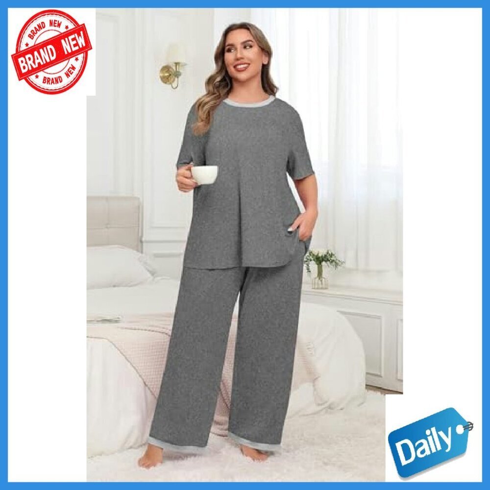 Plus Size Knit Pajama Set with Pockets, Short Sleeve & Pants - Picture 6 of 8